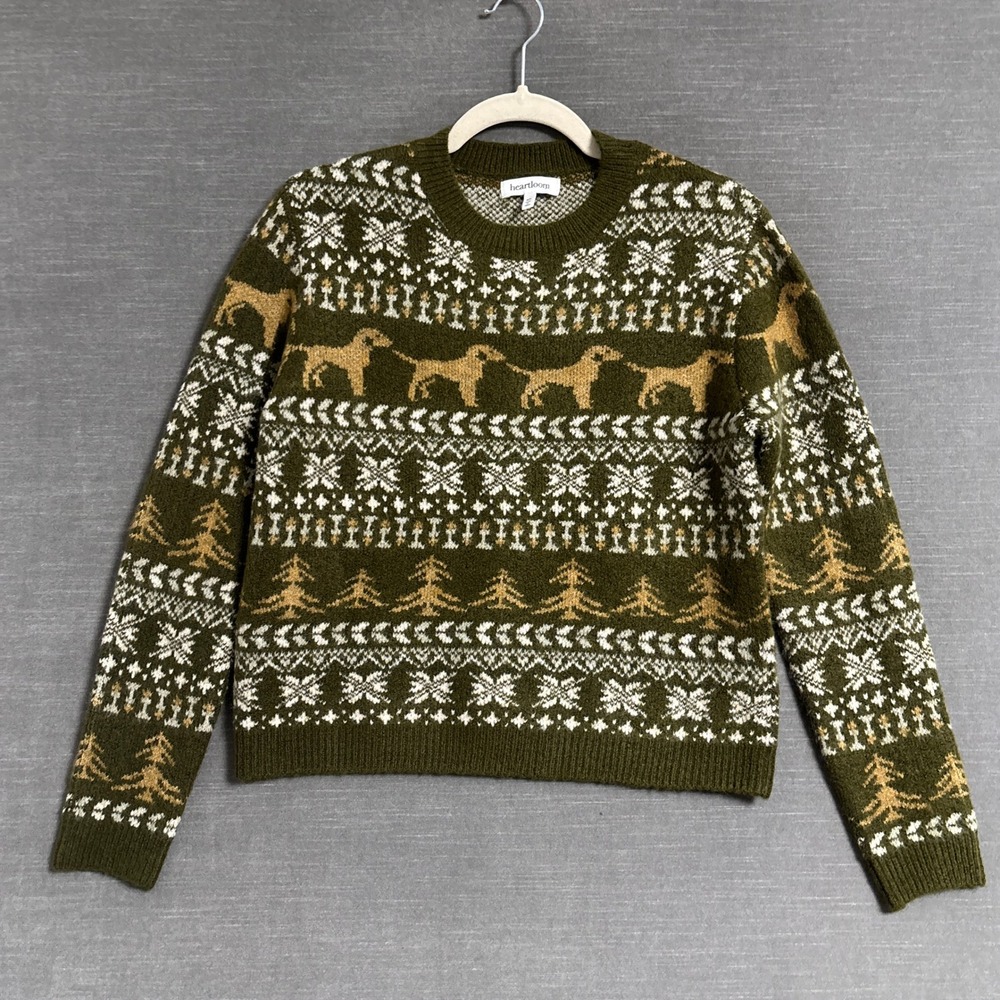Heartloom Fair Isle Sweater XS Green Dog Nordic Snowflake Forest Knit Winter